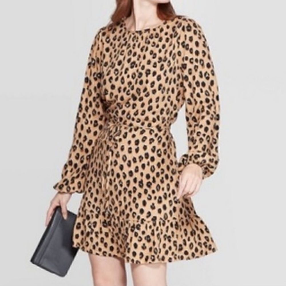 A New Day Leopard Mini Ruffled Dress Long Sleeve